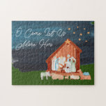 Vattenfärgsaktivitet Adore Him Religiösa jul Pussel<br><div class="desc">En religiösa julpussel med en traditionell vattenfärgsscen och redigerbar rubrik "O kom let us adore Him" i vitt modernt skript.</div>