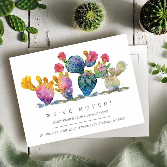 Vattenfärgsaktualitet Nya meddelanden om Flytta i  Vykort (Moving announcement postcards watercolor cactus by Victoria Grigaliunas)