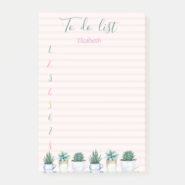 Vattenfärgsaktualitet Succulend Stripe to Do List Post-it Block (Framsida)