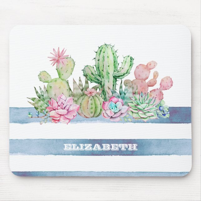 Vattenfärgsaktus Succulent Flowers Rand Musmatta (Framsidan)