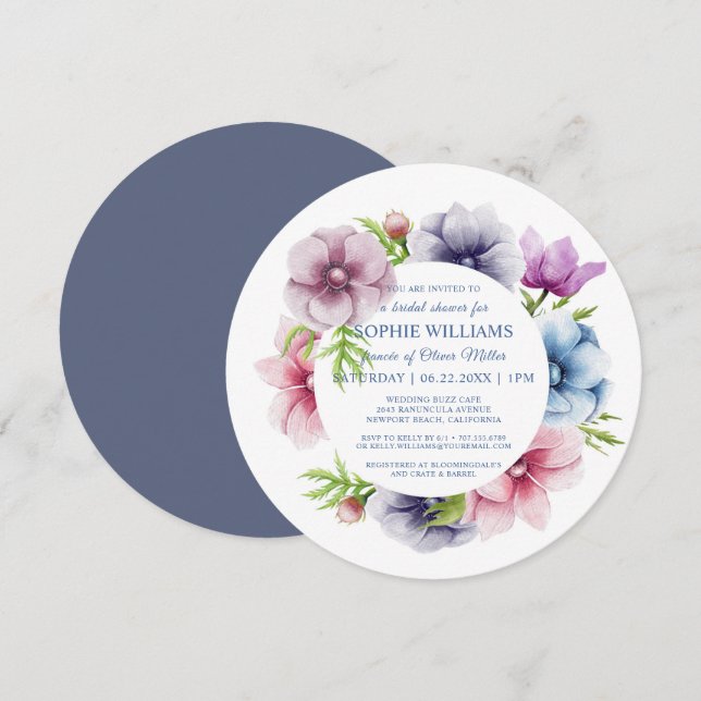 Vattenfärgsämne Anemone Flower-Möhippa Inbjudningar (Fram/baksida)