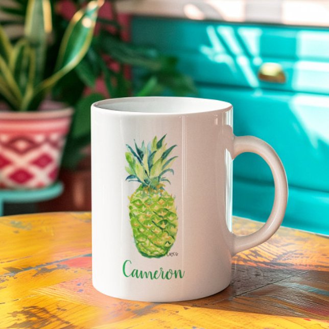 Vattenfärgsananas Original Art Boho-Gult Kaffemugg (This cute boho pineapple mug can keep those Hawaiian summer vacation vibes going all year long!)