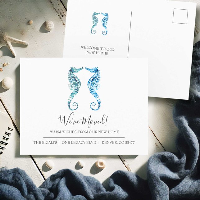 Vattenfärgsändring för sjöhästen Byte av vykort fö (Change of address postcards watercolor seahorse art by Victoria Grigaliunas Do Tell A Belle)