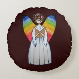 Vattenfärgsängel med regnbåge Vingar som läser A B Rund Kudde