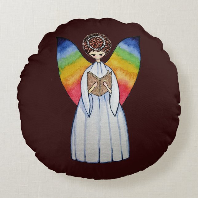 Vattenfärgsängel med regnbåge Vingar som läser A B Rund Kudde (Framsidan)