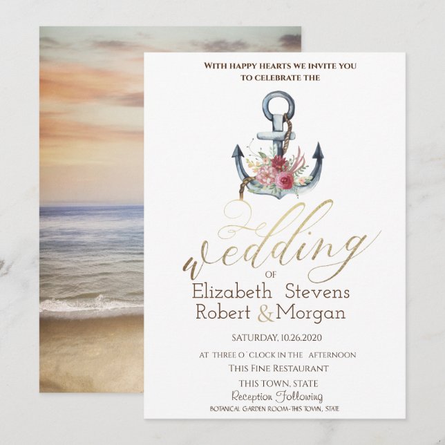 Vattenfärgsankare Flowers Nautical Bröllop Inbjudningar (Fram/baksida)