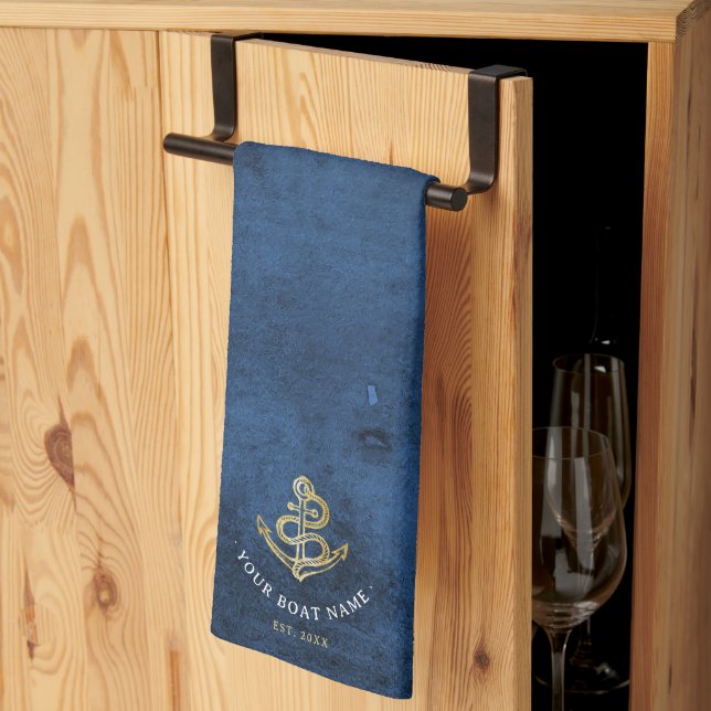 Vattenfärgsankare Nautical Add Boat Namn Navy Blue Kökshandduk (Thirds Fold)