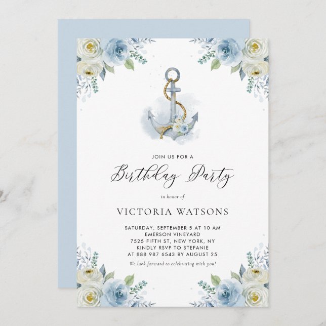 Vattenfärgsankare och Blåa blommor Nautisk födelse Inbjudningar (Fram/baksida)