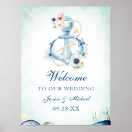 Vattenfärgsankor Blommor Starfish Beach Wedding Poster