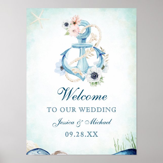 Vattenfärgsankor Blommor Starfish Beach Wedding Poster (Framsidan)