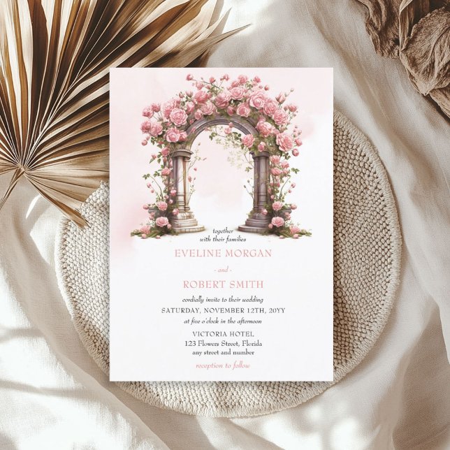 Vattenfärgsarch  ro rustic bröllop arch inbjudningar (Watercolor blush roses rustic wedding arch invitation)