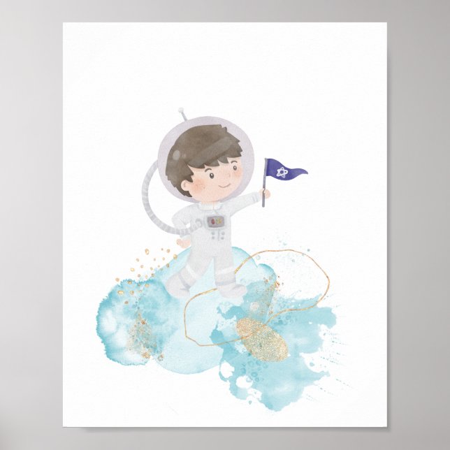 Vattenfärgsastronaut Space Kids Äventyr Poster (Framsidan)