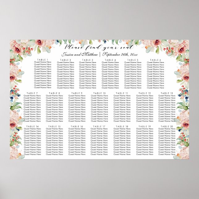 Vattenfärgsäten Blommigt 20 Bord Bröllop Poster (Framsidan)