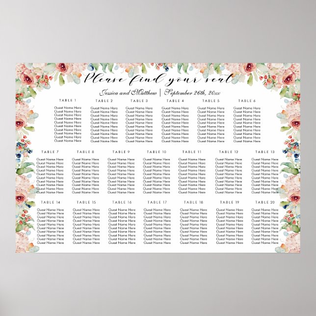 Vattenfärgsäten Blommigt 20 Bord Bröllop Poster (Framsidan)