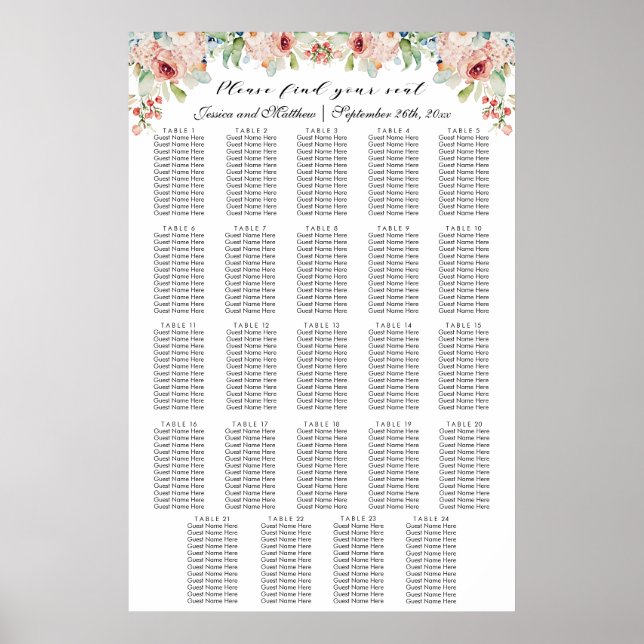 Vattenfärgsäten Blommigt 24 Bord Bröllop Poster (Framsidan)