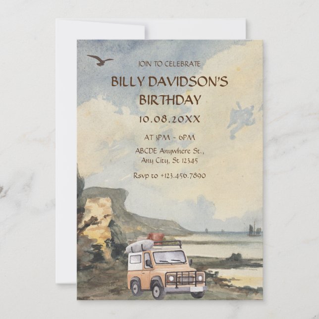 Vattenfärgsäventyr strand  inbjudningar (Framsida)