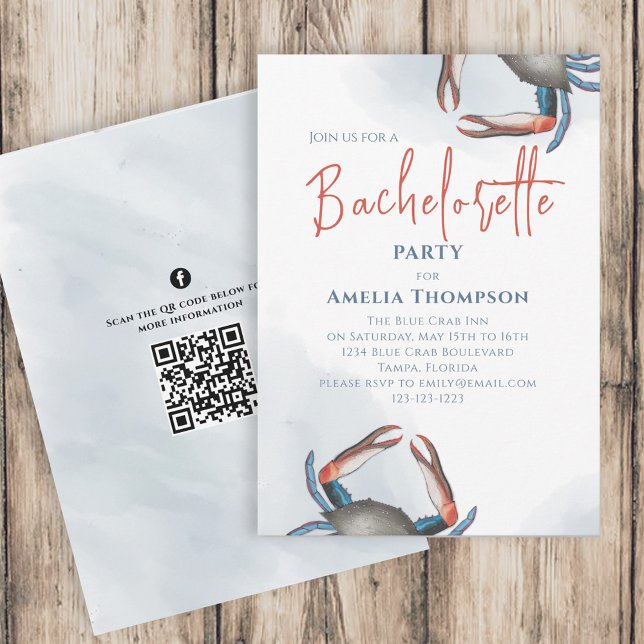 VattenfärgsBachelorette Party Blue Crab QR-kod Inbjudningar (Skapare uppladdad)