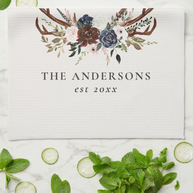 vattenfärgsbad i burgundsflottan elegant blommigt  kökshandduk (Vikta)