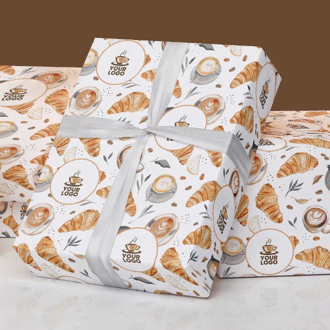 Vattenfärgsbakgård i Mönster med Logotyp av varumä Presentpapper (Watercolor Coffee Bakery Pattern with Brand Logo Wrapping Paper)