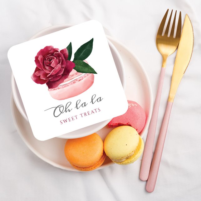 Vattenfärgsbakverk och sötsaker i Röd ros Macaron  Fyrkantigt Visitkort (Skapare uppladdad)