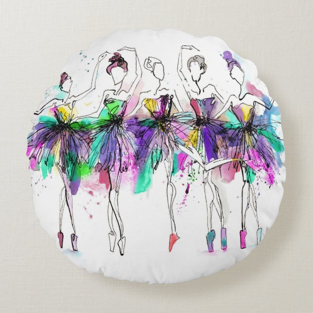 Vattenfärgsballerinas: Ljusdoftillustration Rund Kudde (Framsidan)