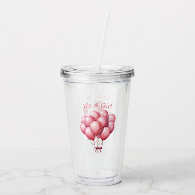 Vattenfärgsballonger Rosa Det är en flicka Take Away Mugg (Baksida)