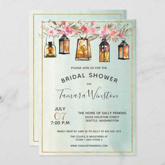 Vattenfärgsbanor Blommigt Ro Guld Möhippa Inbjudningar (Fram/baksida)