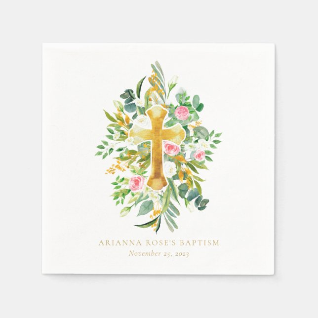 Vattenfärgsbaptism Guld Kor Rosa Vit Blommigt Bapt Pappersservett (Framsidan)