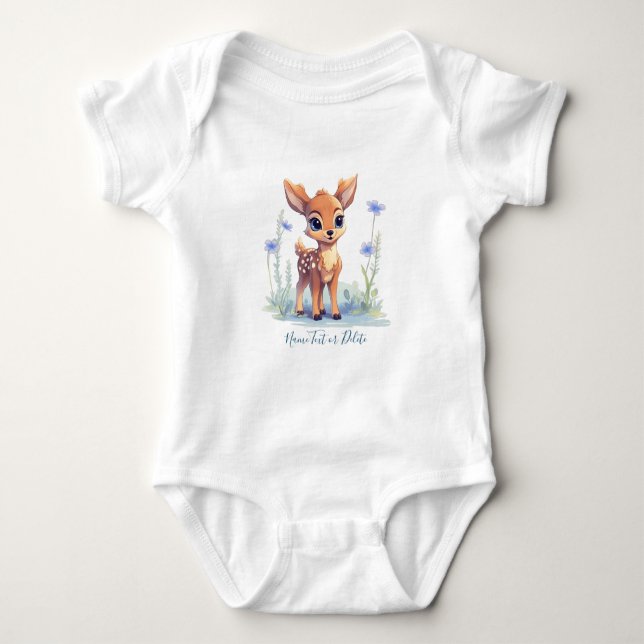 Vattenfärgsbarn Bambi Blå blommor Baby-bodysuit T Shirt (Framsida)