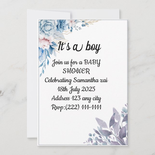 Vattenfärgsbarn Blåa blommor Baby Shower Inbjudan  (Framsida)