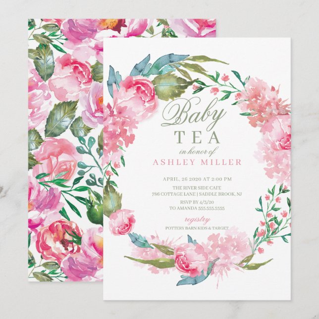 Vattenfärgsbarn Rosa Peonies Baby Shower Tea Inbjudningar (Fram/baksida)