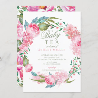 Vattenfärgsbarn Rosa Peonies Baby Shower Tea Inbjudningar