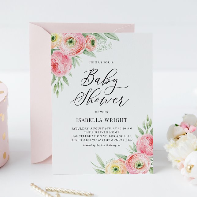 Vattenfärgsbarn Rosa Ranunculus Vår Baby Shower Inbjudningar (Skapare uppladdad)