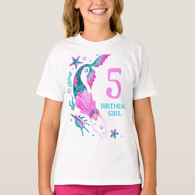 Vattenfärgsbarn Sjöjungfru Birthday Girl under Sea T Shirt (Framsida)