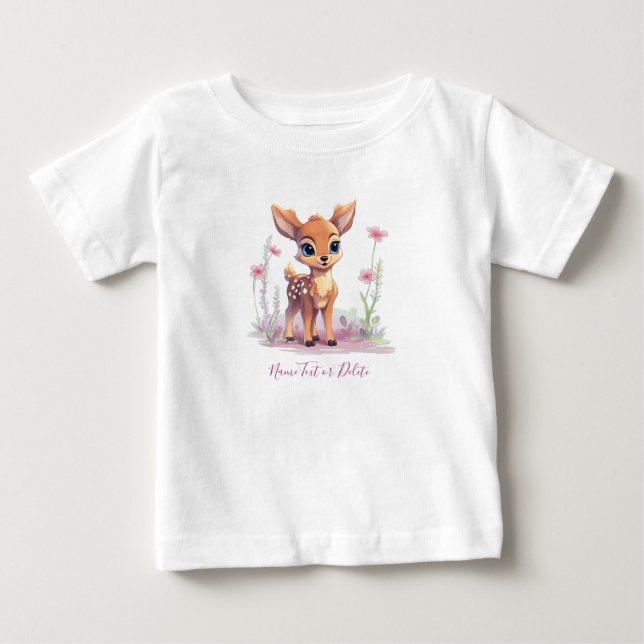 Vattenfärgsbarnrådjur Rosa blommor Baby T-Shirt (Framsida)