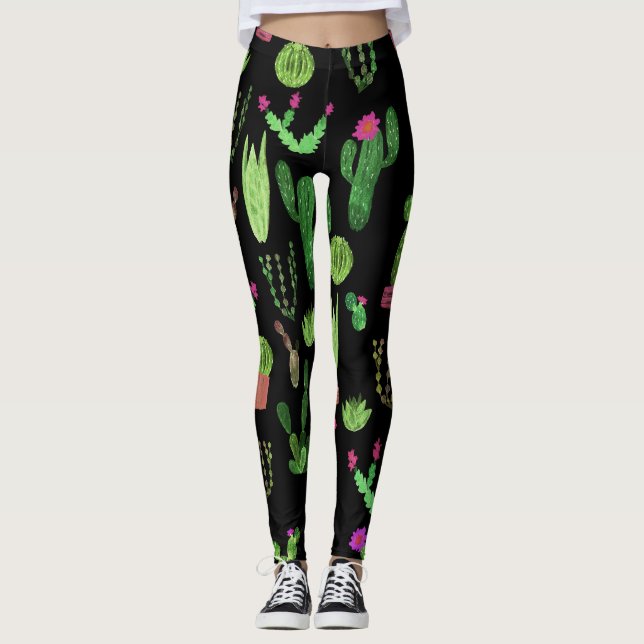 Vattenfärgsbaser i Cactus Plant Sömlös bakgrund Leggings (Framsida)