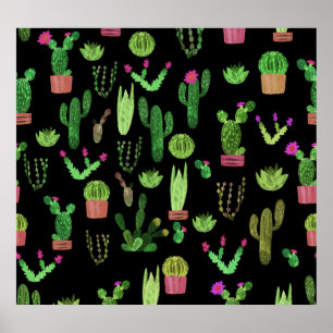 Vattenfärgsbaser i Cactus Plant Sömlös bakgrund Poster
