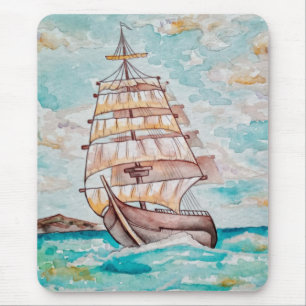Vattenfärgsbåtens Frakt Sail Summer Sea Ocean Life Musmatta