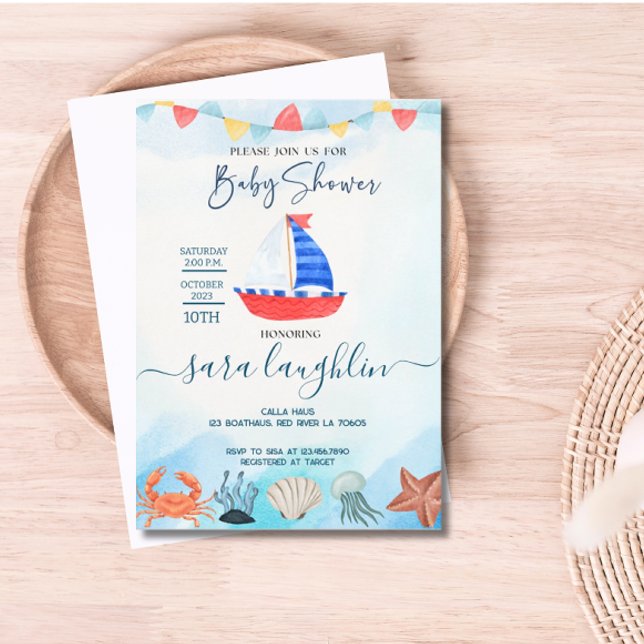 Vattenfärgsbåtens nautical Baby Shower Inbjudan (Boat Nautical Baby Shower Invite)