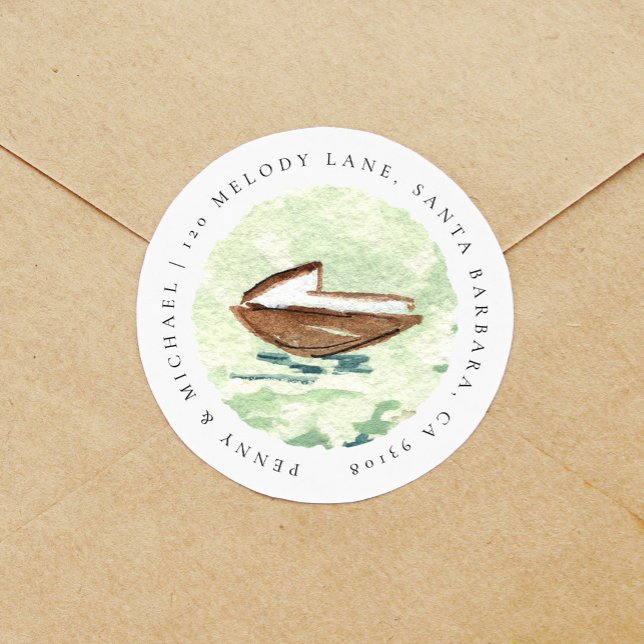 Vattenfärgsbåtens Nautical Returadress Runt Klistermärke (Watercolor boat nautical wedding returns address label circle sticker.)