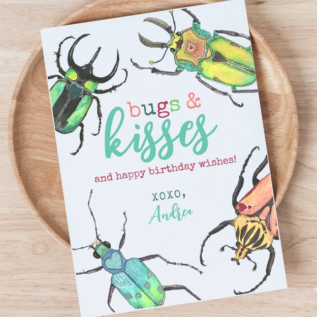 VattenfärgsBeetles Kryp och Kisses Birthday Card Julkort (Skapare uppladdad)