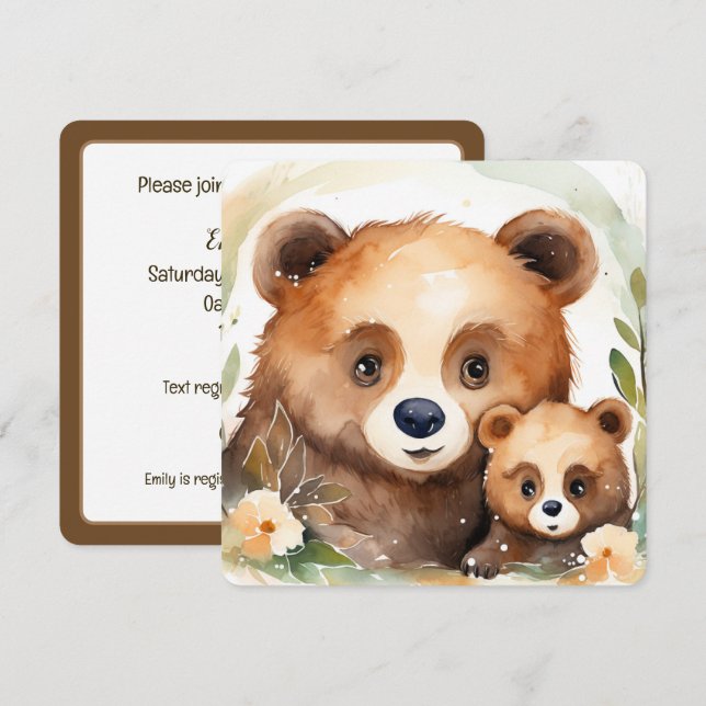 Vattenfärgsben Mamma Bear och Baby Inbjudningar (Fram/baksida)