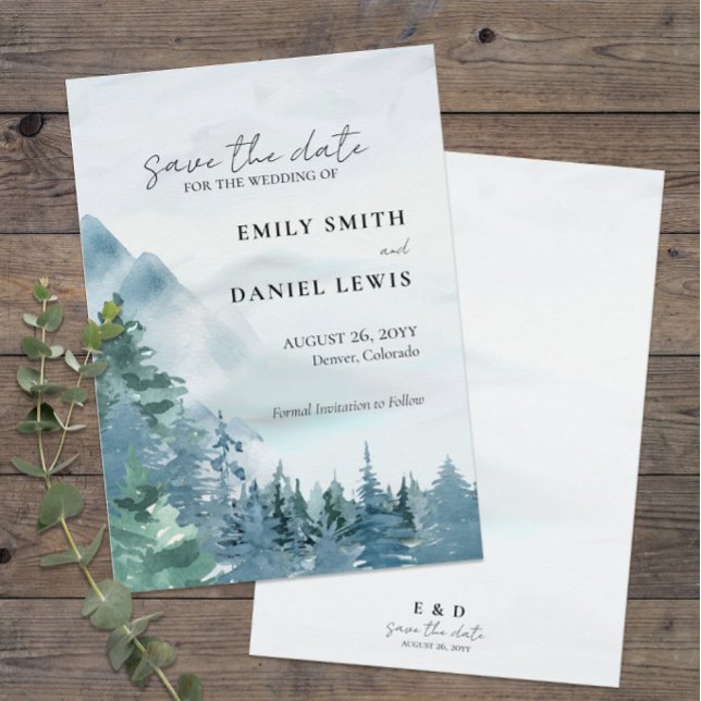 Vattenfärgsberg Bröllop Dusty Blue Rustic Spara Datumet (Rustic Mountains Wedding Save the Date in Watercolor with Modern Typography)