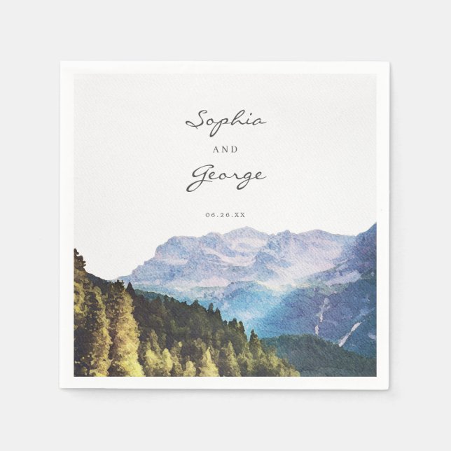 Vattenfärgsberg Bröllop Napkin Cocktail Pappersservett (Framsidan)