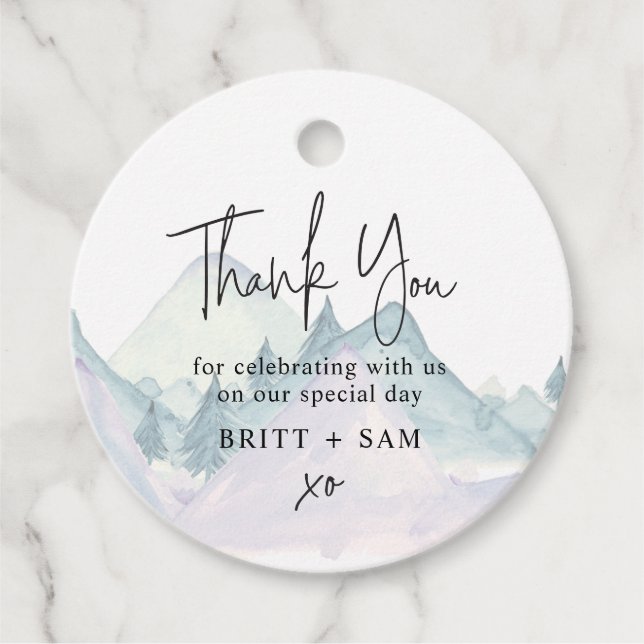 Vattenfärgsberg Gräs Träd utanför Bröllop utanför Gåvor Etiketter (Framsida)