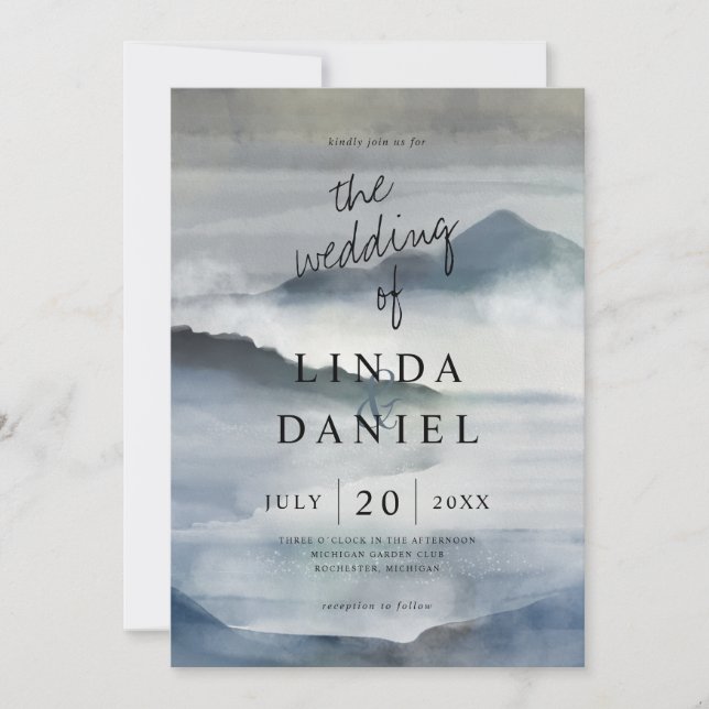 Vattenfärgsberg Misty bergs indigo blue bröllop Inbjudningar (Framsida)