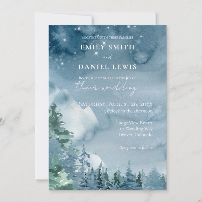 Vattenfärgsberg Mörk Dusk Blue Rustic Bröllop Inbjudningar (Framsida)