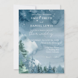 Vattenfärgsberg Mörk Dusk Blue Rustic Bröllop Inbjudningar