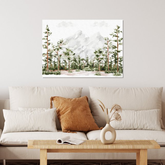 Vattenfärgsberg och skog canvastryck (In situ living room)