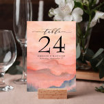 Vattenfärgsberg Rustic Coral Sunset Bordsnummer<br><div class="desc">När det gäller bröllop-stationerna,  så sparkar skogsområdet stilar ut temat under en magisk kväll eller hela bröllop helg i bergen. Ange tonen i ert rustiska bröllop med denna bergsinspirerade utformning som har en vattenfärgsbakgrund i bergsområdena med gräs träd.</div>